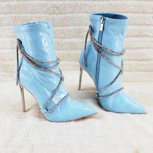 Baby Blue Stretch Patent High Heel Ankle Boots with Rhinestone Lace Destiny